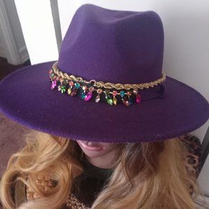 Purple Panama Hat with Gold Chain and Multi-Colored Bling